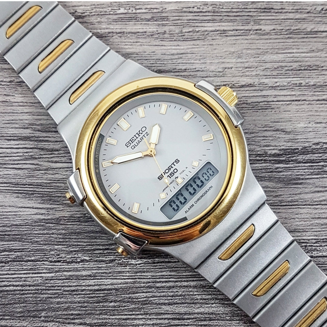 SEIKO SQクオーツSPORTS150デイデイト稼働品 Seiko SQ sports 150 Men 5H23-8A79 Day Date Two Tone Quartz